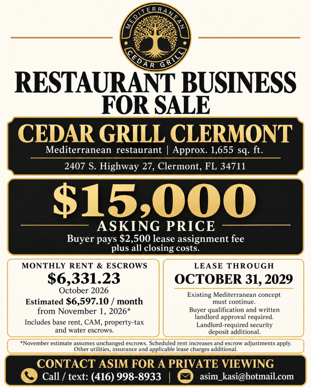 Cedar Grill Clermont - Mediterranean Restaurant for Sale - Image 1